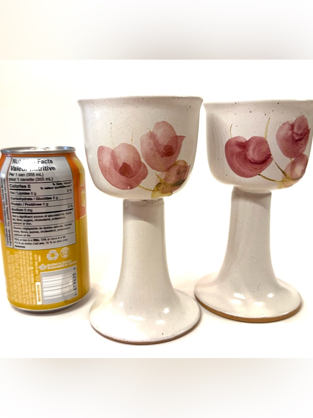 Vintage Pair of Studio Pottery Wine Gobelets Pink Floral 6.25”
